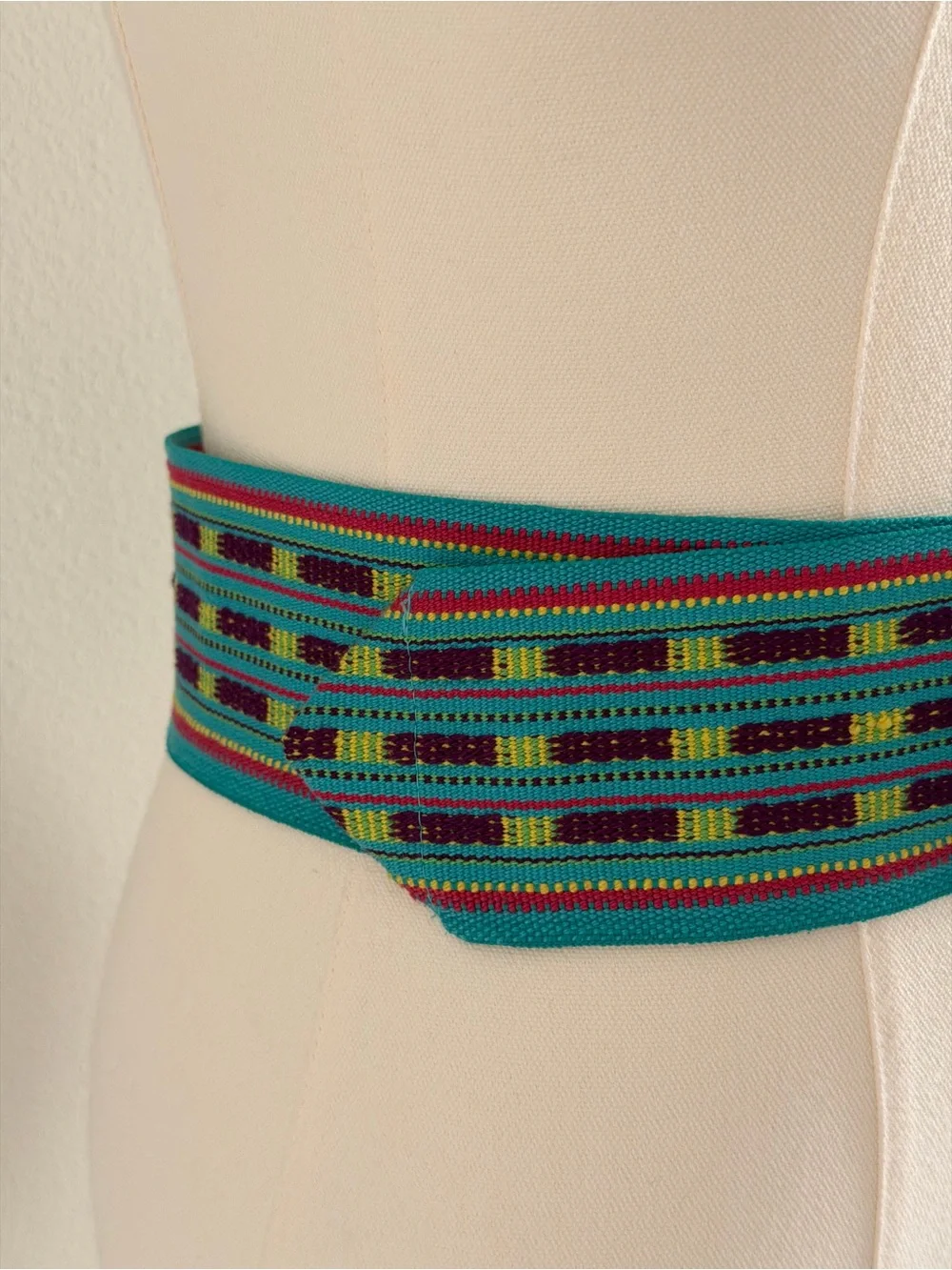 Boho Turquoise Multicolor Woven Wide Waist Belt with Covered Round Buckle ~ S